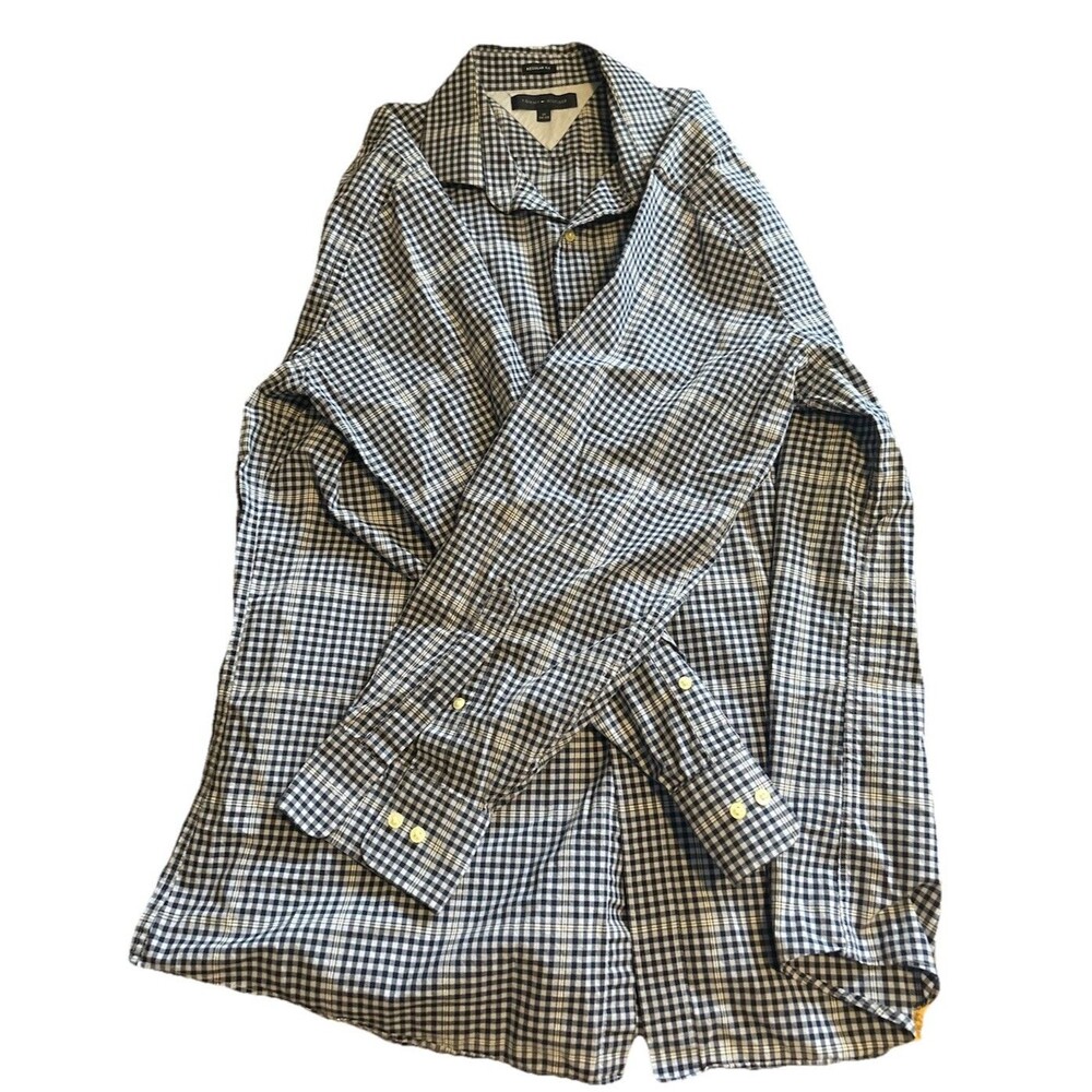 Men's TOMMY HILFIGER Long Sleeve Blue Plaid Dress SHIRT Size 17 Neck, 36/37